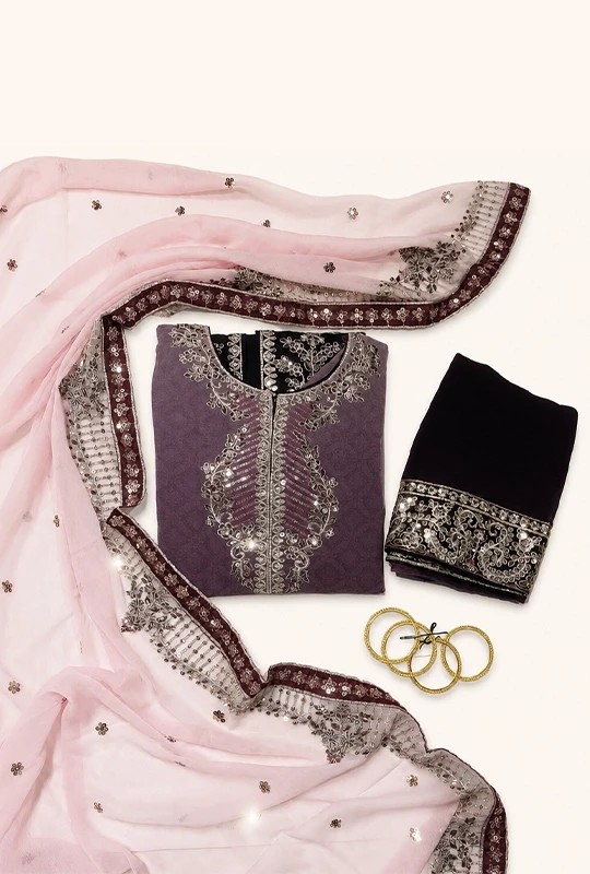 Original Pakistani Maria Fabrics Embroidery Chiffon (Pink) - 03pcs