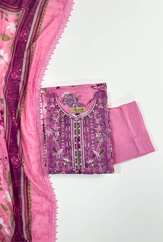 Hoss By Shaanse Premium Lawn With Embroidery - Pink 3pcs (stitched)