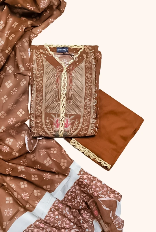 Brown Elegance Cotton - 3Pcs (Stitched)