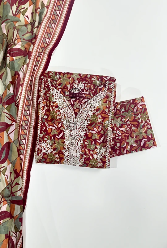 Bin Saeed Embroidery Lawn - Maroon 3pcs (stitched)