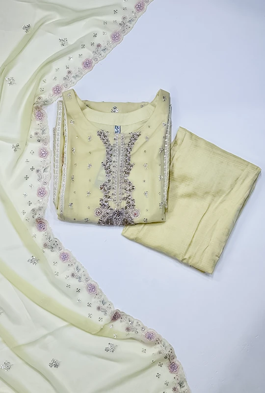 Mahpara By Al Umer Chiffon - Light Yellow 03pcs (Stitched)