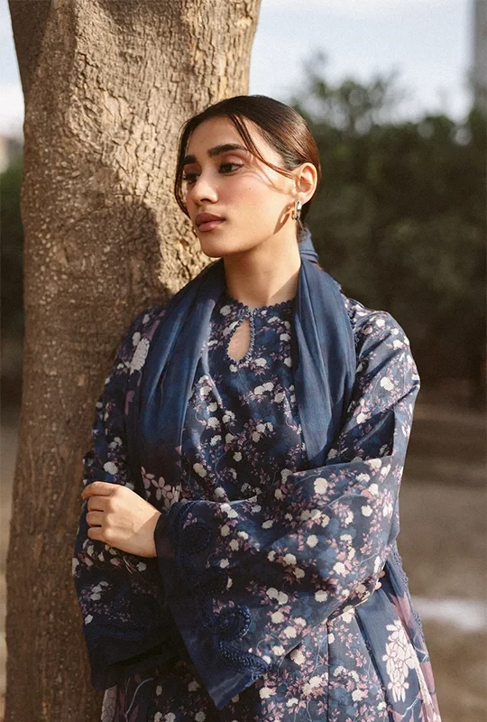 Core By Ayzel Afrozeh Lawn With Silk Dupatta - Navy Blue (Unstitched) 3Pcs
