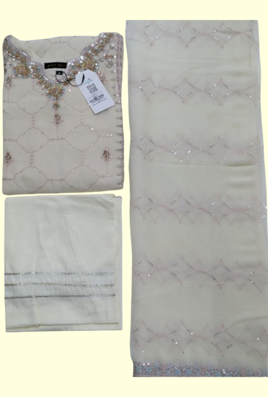 Agha Noor Organza - Cream 3pcs (Stitched)