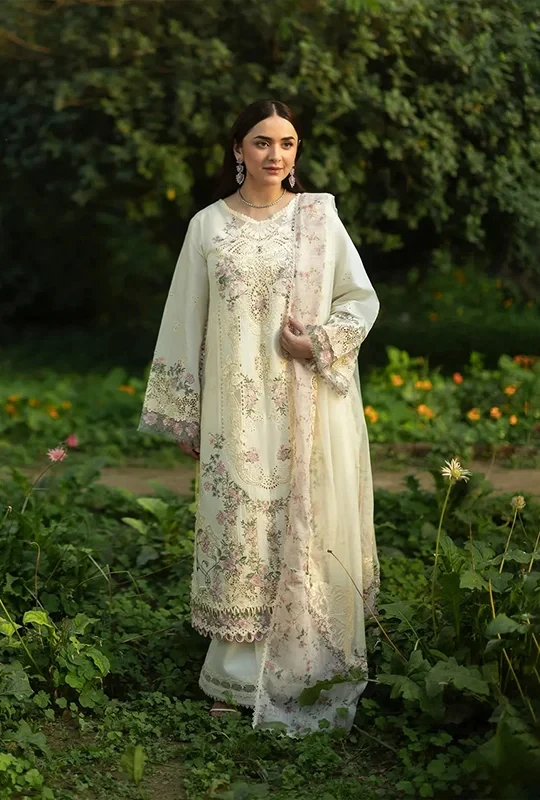 Elaf Luxury Lawn Vol-02 Embroidered - Soft Ivory 3Pcs (Unstitched)