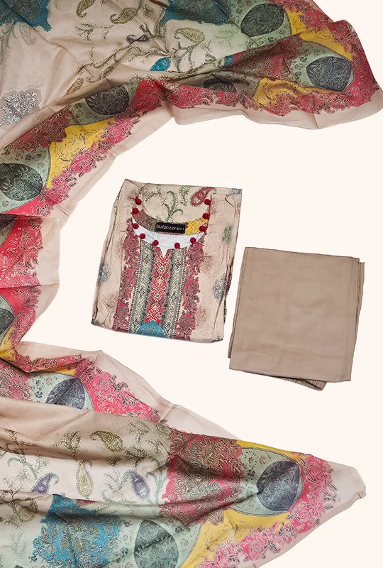 Light Pink Paisley Cotton - 3Pcs (Stitched)