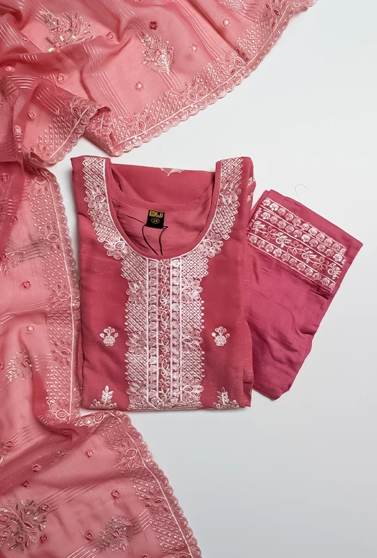 Rose Embroidered Arabic Silk Three Piece (DN#288-1) Stitched