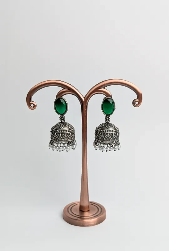 Oval Stone Silver Jhumka